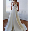 A-Line Wedding Dresses V Neck Sweep / Brush Train Italy Satin Sleeveless Simple with Pleats 2020