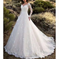 A-Line Wedding Dresses V Neck Sweep / Brush Train Lace Long Sleeve Formal Sparkle Shine Illusion Sleeve with Appliques 2020