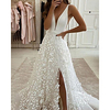 A-Line Wedding Dresses V Neck Sweep / Brush Train Lace Satin Sleeveless Country Romantic with Appliques Split Front 2020