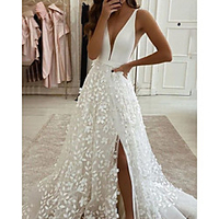 A-Line Wedding Dresses V Neck Sweep / Brush Train Lace Satin Sleeveless Country Romantic with Appliques Split Front 2020