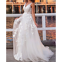 A-Line Wedding Dresses V Neck Sweep / Brush Train Lace Tulle Sleeveless Country Romantic Beach with Appliques 2020