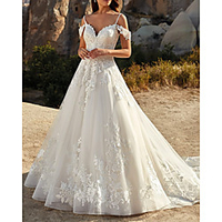 A-Line Wedding Dresses V Neck Sweep / Brush Train Lace Tulle Sleeveless Country Romantic with Pleats Appliques 2020