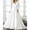 A-Line Wedding Dresses V Neck Sweep / Brush Train Satin Long Sleeve Simple with Pleats 2020