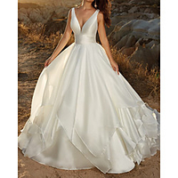 A-Line Wedding Dresses V Neck Sweep / Brush Train Satin Sleeveless Country Formal Simple with Cascading Ruffles 2020