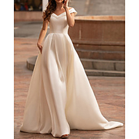 A-Line Wedding Dresses V Neck Sweep / Brush Train Satin Sleeveless Formal Simple with Pleats 2020