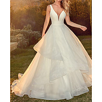 A-Line Wedding Dresses V Neck Sweep / Brush Train Satin Tulle Sleeveless Country Simple with 2020