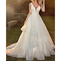 A-Line Wedding Dresses V Neck Sweep / Brush Train Satin Tulle Sleeveless Country Simple with Cascading Ruffles 2020