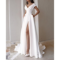 A-Line Wedding Dresses V Neck Sweep / Brush Train Stretch Satin Sleeveless Simple Beach with Split Front 2020