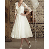 A-Line Wedding Dresses V Neck Tea Length Lace Tulle Half Sleeve Vintage Little White Dress 1950s Illusion Sleeve with 2021 miniinthebox