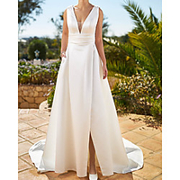 A-Line Wedding Dresses V Wire Sweep / Brush Train Satin Sleeveless Simple with Split Front 2020