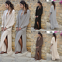 aliexpress ebay amazon wish explosion cotton and linen v-neck loose long-sleeved side slit long dress miniinthebox