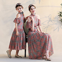 Allover Floral Print Off-shoulder Ruffle Sleeve Party Dresses for Mommy and Me miniinthebox
