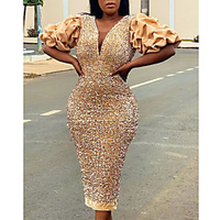 amazon 2021 christmas explosion gold velvet sequins mesh puff sleeve party dress miniinthebox