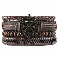 anchor nautical rudder bracelets men women,  hemp cords wood beads ethnic tribal bracelets,  leather wristbands (black-1)