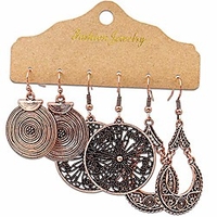 antique ethnic brocade mexico gypsy engraved lotus hook dangle earrings for women and girls (3 pairs round)