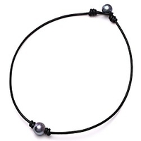 aobei one black cultured freshwater pearl choker leather necklace on genuine leather cord handmade for girls-16 black