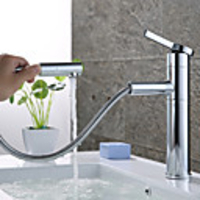 Art Deco/Retro Centerset Pullout Spray Rotatable Ceramic Valve Single Handle One Hole Chrome,  Bathroom Sink Faucet