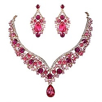 austrian crystal elegant v-shaped teardrop necklace earrings set pink gold-tone