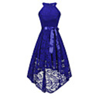 Back To School A-Line Hot Blue Homecoming Cocktail Party Dress Halter Neck Sleeveless Asymmetrical Lace with Sash / Ribbon Bow(s) 2020 Hoco Dress