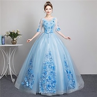 Ball Gown Beautiful Back Floral Quinceanera Formal Evening Dress Illusion Neck Half Sleeve Floor Length Tulle with Bow(s) Appliques 2020 miniinthebox