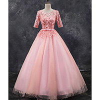 Ball Gown Beautiful Back Floral Quinceanera Prom Dress Illusion Neck Half Sleeve Floor Length Tulle with Bow(s) Pleats 2020