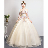 Ball Gown Beautiful Back Floral Quinceanera Prom Dress Spaghetti Strap Half Sleeve Floor Length Tulle with Pleats Pearls Appliques 2020