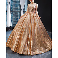 Ball Gown Beautiful Back Sparkle Quinceanera Prom Dress Illusion Neck Sleeveless Sweep / Brush Train Sequined with Pleats Sequin 2020