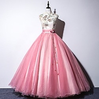 Ball Gown Chinese Style Floral Quinceanera Prom Dress Stand Collar Sleeveless Floor Length Tulle with Pleats Embroidery 2020 miniinthebox