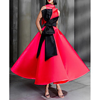 Ball Gown Elegant Color Clash Prom Formal Evening Dress High Neck Sleeveless Ankle Length Satin with Bow(s) 2021 miniinthebox