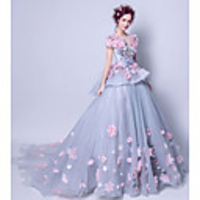 Ball Gown Elegant Floral Engagement Formal Evening Dress Jewel Neck Short Sleeve Court Train Tulle with Embroidery Appliques 2020