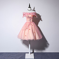 Ball Gown Elegant Floral Homecoming Cocktail Party Dress Off Shoulder Short Sleeve Knee Length Tulle with Pleats Appliques 2020