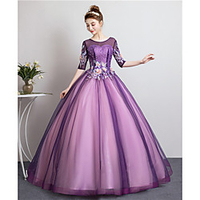 Ball Gown Elegant Floral Prom Formal Evening Dress Illusion Neck Half Sleeve Floor Length Tulle with Pleats Pearls Appliques 2020