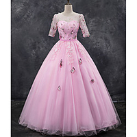 Ball Gown Elegant Floral Quinceanera Formal Evening Dress Illusion Neck Half Sleeve Floor Length Tulle with Pleats Appliques 2020