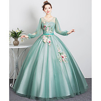 Ball Gown Elegant Floral Quinceanera Formal Evening Dress Illusion Neck Long Sleeve Floor Length Tulle with Pleats Appliques 2020