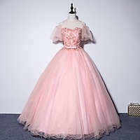 Ball Gown Elegant Floral Quinceanera Prom Dress High Neck Short Sleeve Floor Length Tulle with Pleats Appliques 2020 miniinthebox