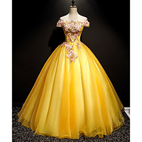 Ball Gown Elegant Floral Quinceanera Prom Dress Off Shoulder Sleeveless Floor Length Tulle with Pleats Appliques 2020