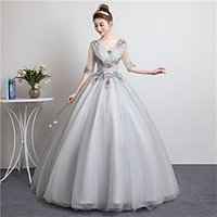 Ball Gown Elegant Floral Quinceanera Prom Dress V Neck Half Sleeve Floor Length Tulle with Sequin Appliques 2020 miniinthebox