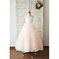 Ball Gown Floor Length Wedding / Birthday Flower Girl Dresses - Lace / Tulle Sleeveless Jewel Neck with Lace / Buttons