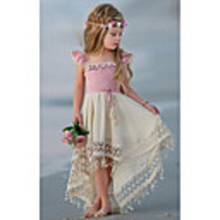 Ball Gown Floor Length Wedding / Party Flower Girl Dresses - Linen / Cotton Blend Short Sleeve Jewel Neck with Appliques