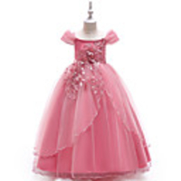 Ball Gown Floor Length Wedding / Party Flower Girl Dresses - Tulle Sleeveless Off Shoulder with Bow(s) / Solid / Tiered