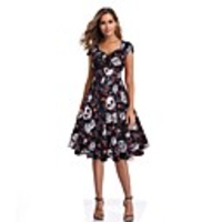 Ball Gown Floral Vintage Homecoming Party Wear Dress V Neck Short Sleeve Knee Length Cotton with Pattern / Print 2020