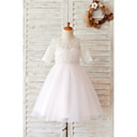 Ball Gown Knee Length Wedding / Birthday Flower Girl Dresses - Lace / Tulle Half Sleeve Jewel Neck with Buttons