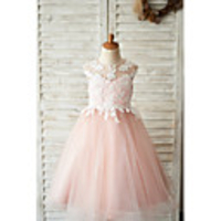 Ball Gown Knee Length Wedding / Birthday Flower Girl Dresses - Satin / Tulle Sleeveless Jewel Neck with Bow(s) / Appliques
