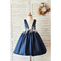 Ball Gown Knee Length Wedding / Birthday Flower Girl Dresses - Satin Sleeveless V Neck with Feathers / Fur / Beading