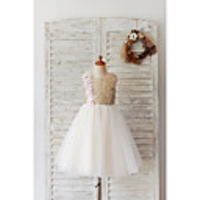 Ball Gown Knee Length Wedding / Birthday Flower Girl Dresses - Tulle / Sequined Sleeveless Jewel Neck with Feathers / Fur / Flower