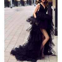 Ball Gown Little Black Dress Empire Holiday Engagement Dress V Neck Sleeveless Asymmetrical Tulle with Tier 2020 miniinthebox