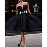 Ball Gown Little Black Dress Floral Homecoming Cocktail Party Dress Illusion Neck Long Sleeve Knee Length Lace Tulle with Appliques 2020