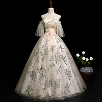 Ball Gown Luxurious Elegant Quinceanera Prom Dress Sweetheart Neckline Half Sleeve Floor Length Tulle with Pleats Embroidery 2020