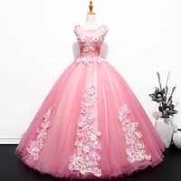Ball Gown Luxurious Floral Quinceanera Prom Dress Jewel Neck Sleeveless Floor Length Tulle with Pleats Embroidery 2020