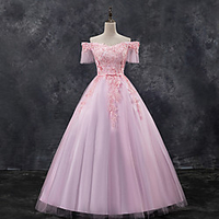 Ball Gown Luxurious Floral Quinceanera Prom Dress Off Shoulder Short Sleeve Floor Length Tulle with Sash / Ribbon Appliques 2020